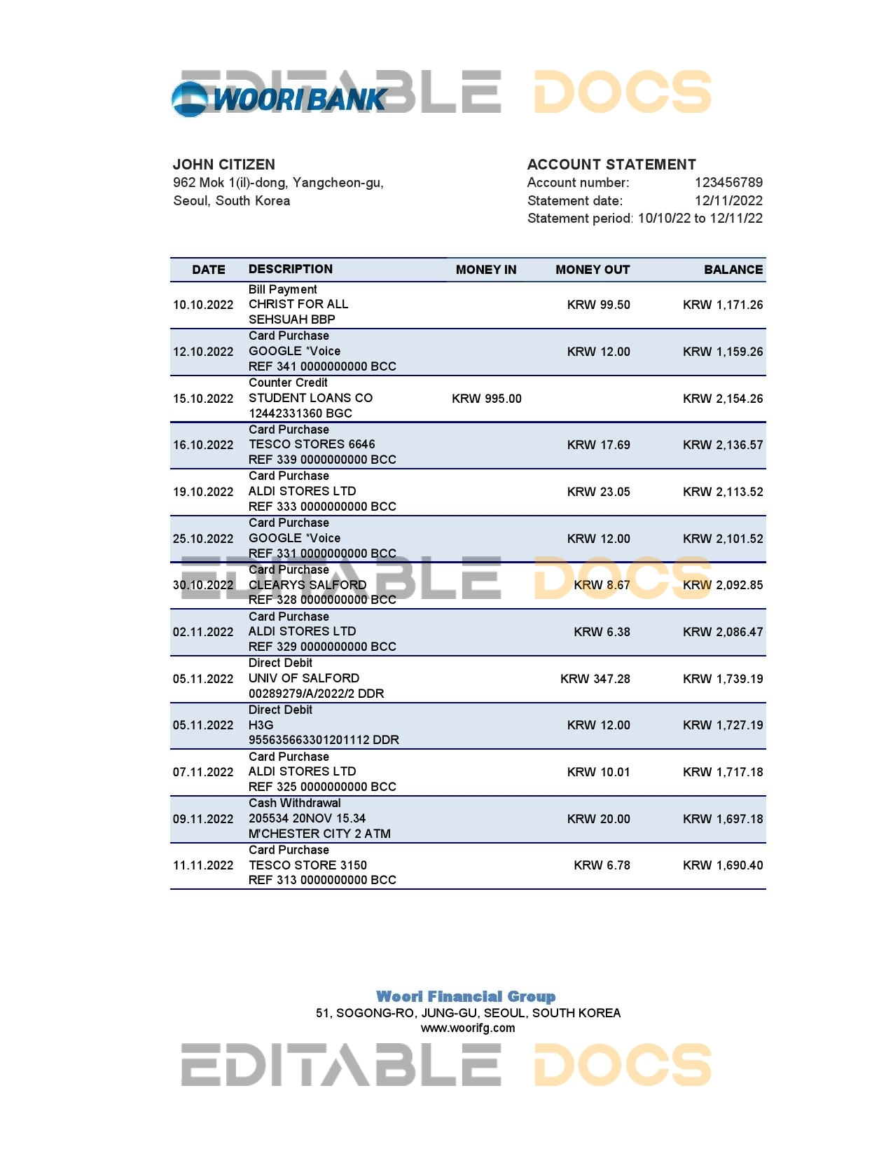 South Korea Woori bank statement, Excel and PDF template