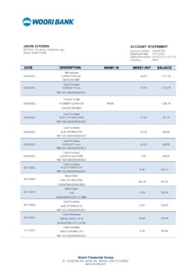South Korea Woori bank statement template in Word and PDF format