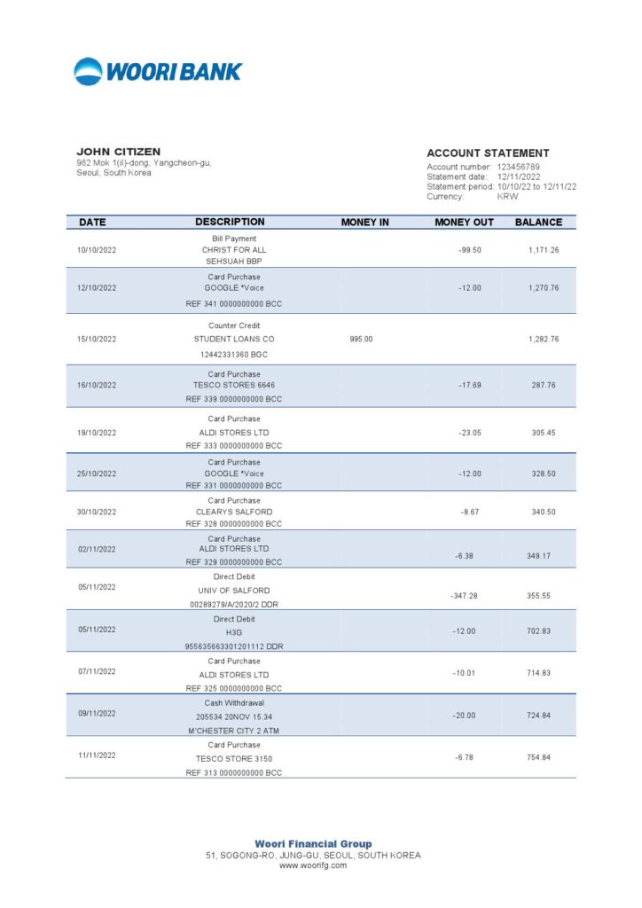 South Korea Woori bank statement template in Word and PDF format