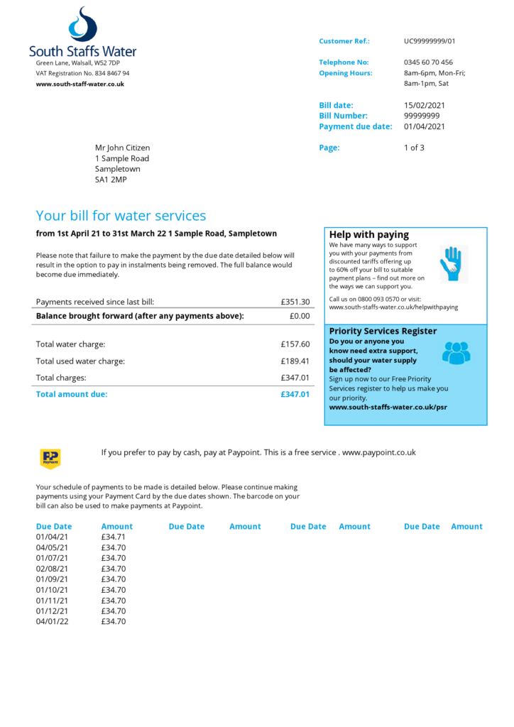 United Kingdom South Staffs Water utility bill template in Word and PDF format, 2 pages