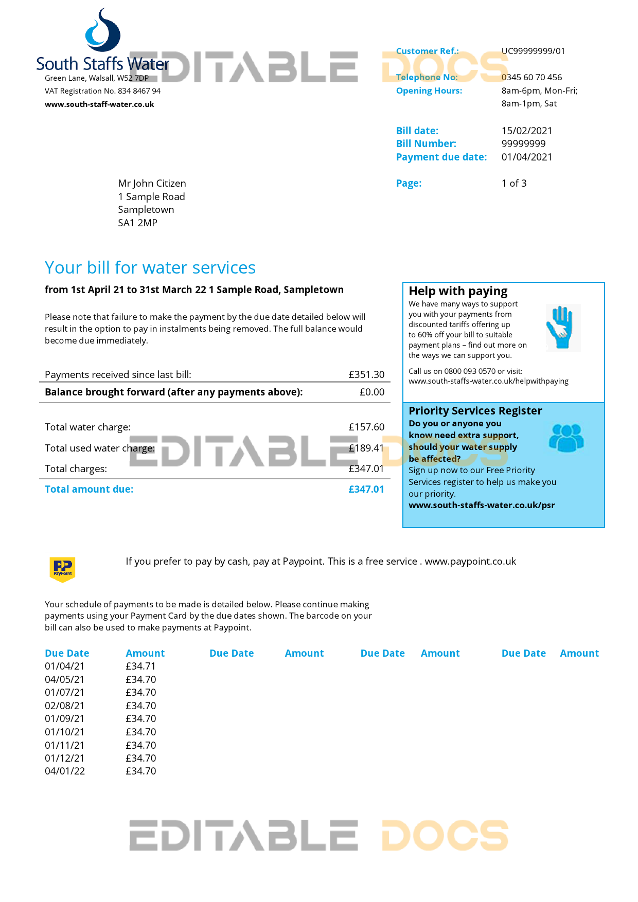 United Kingdom South Staffs Water utility bill template in Word and PDF format, 2 pages