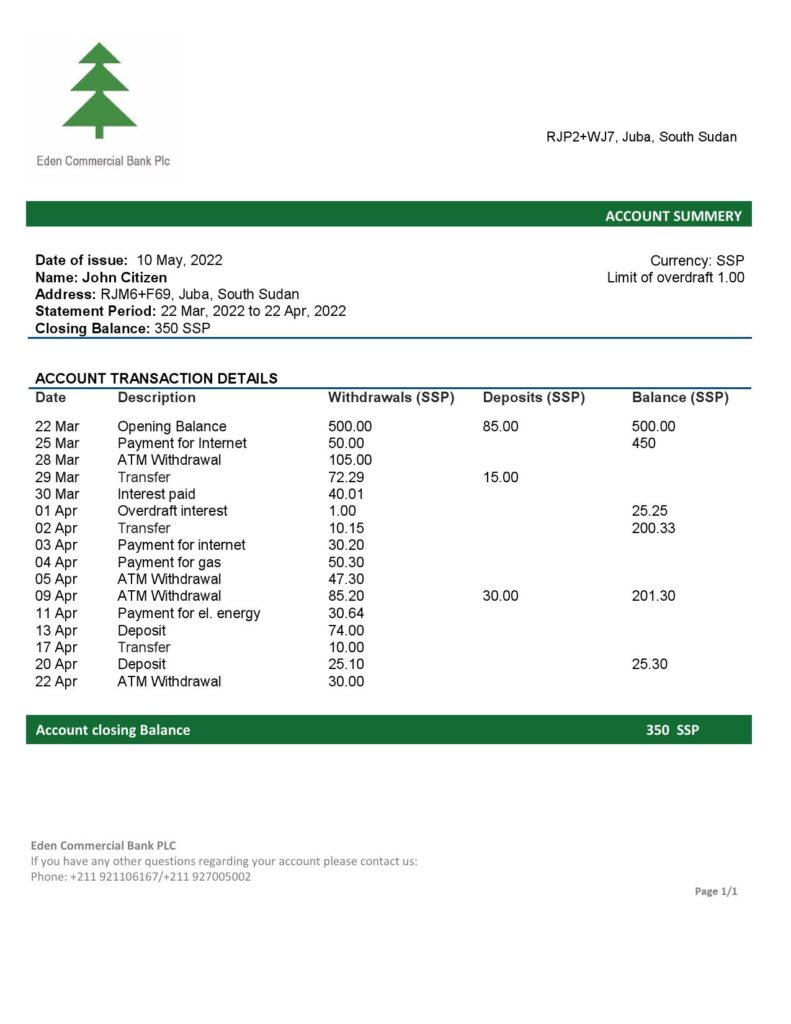 South Sudan Eden Commercial Bank bank statement template in Word and PDF format