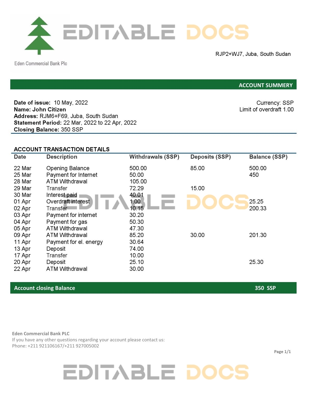South Sudan Eden Commercial Bank bank statement template in Word and PDF format
