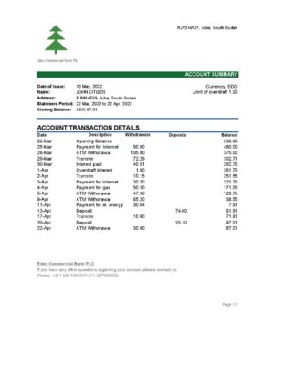 South Sudan Eden Commercial Bank statement, Excel and PDF template