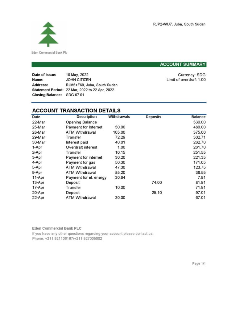 South Sudan Eden Commercial Bank statement, Excel and PDF template