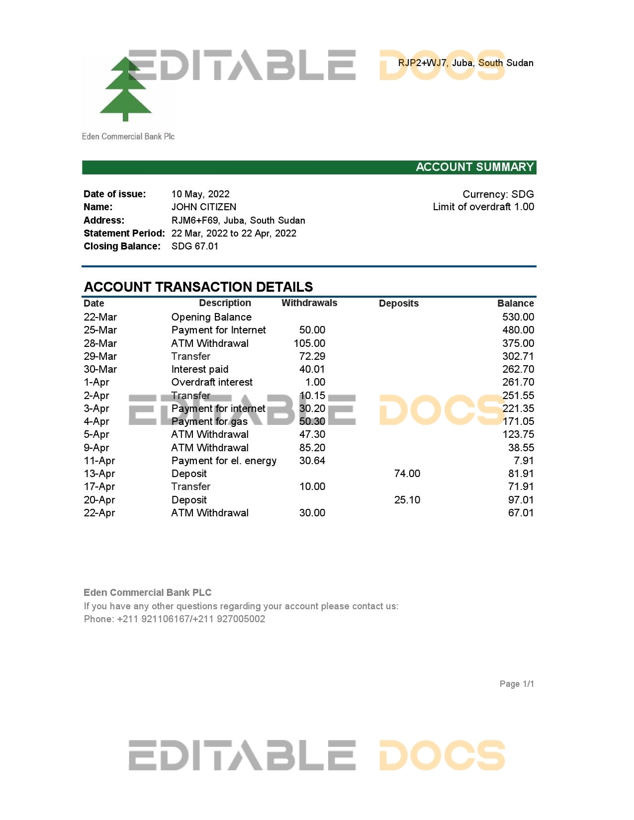 South Sudan Eden Commercial Bank statement, Excel and PDF template