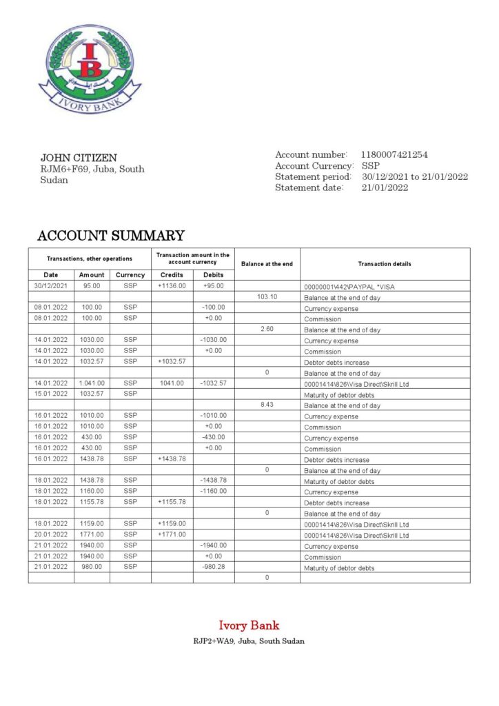 South Sudan Ivory Bank bank statement template in Word and PDF format