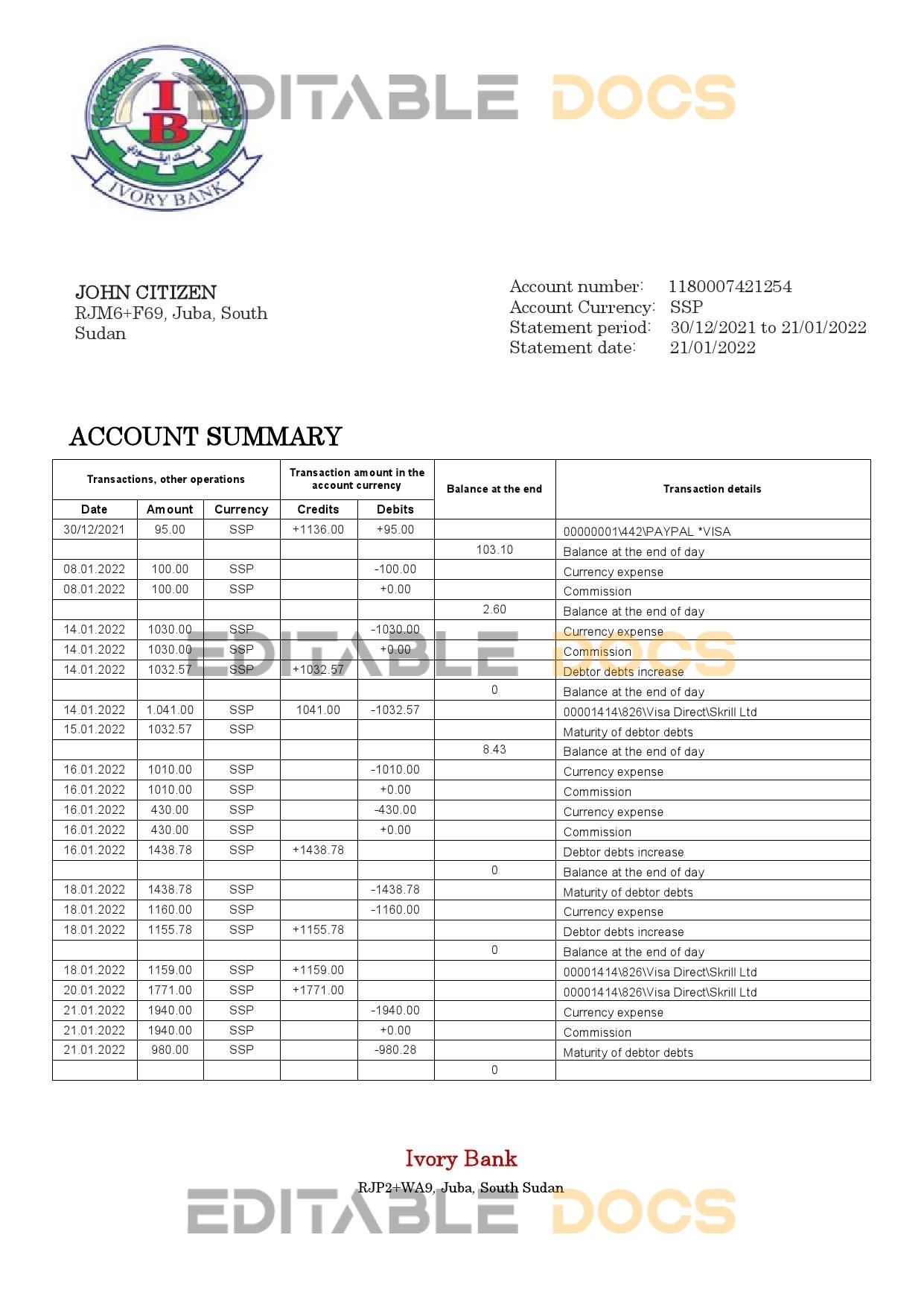 South Sudan Ivory Bank bank statement template in Word and PDF format