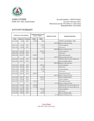South Sudan Ivory Bank statement, Excel and PDF template