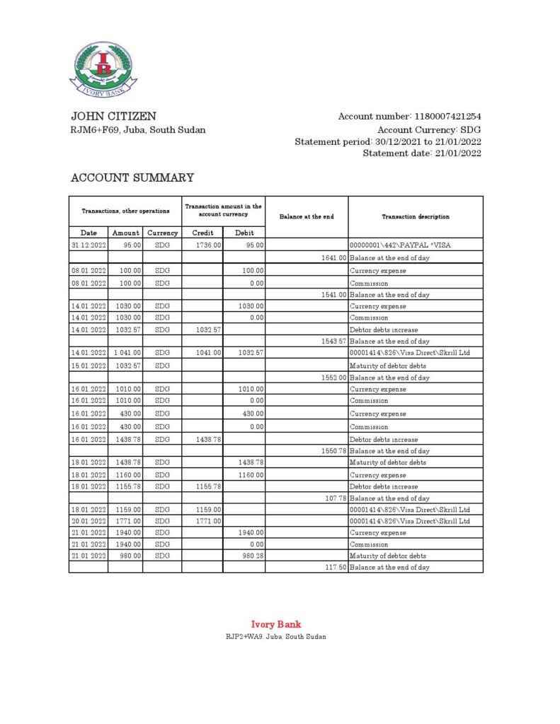 South Sudan Ivory Bank statement, Excel and PDF template
