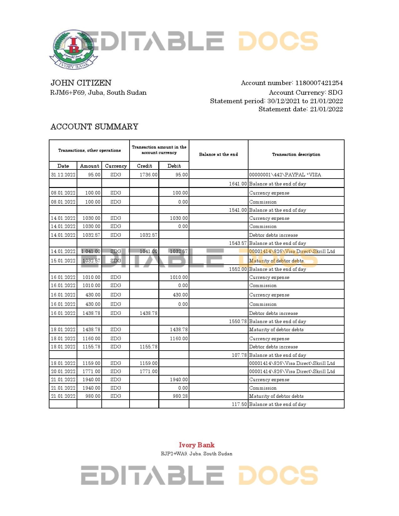 South Sudan Ivory Bank statement, Excel and PDF template