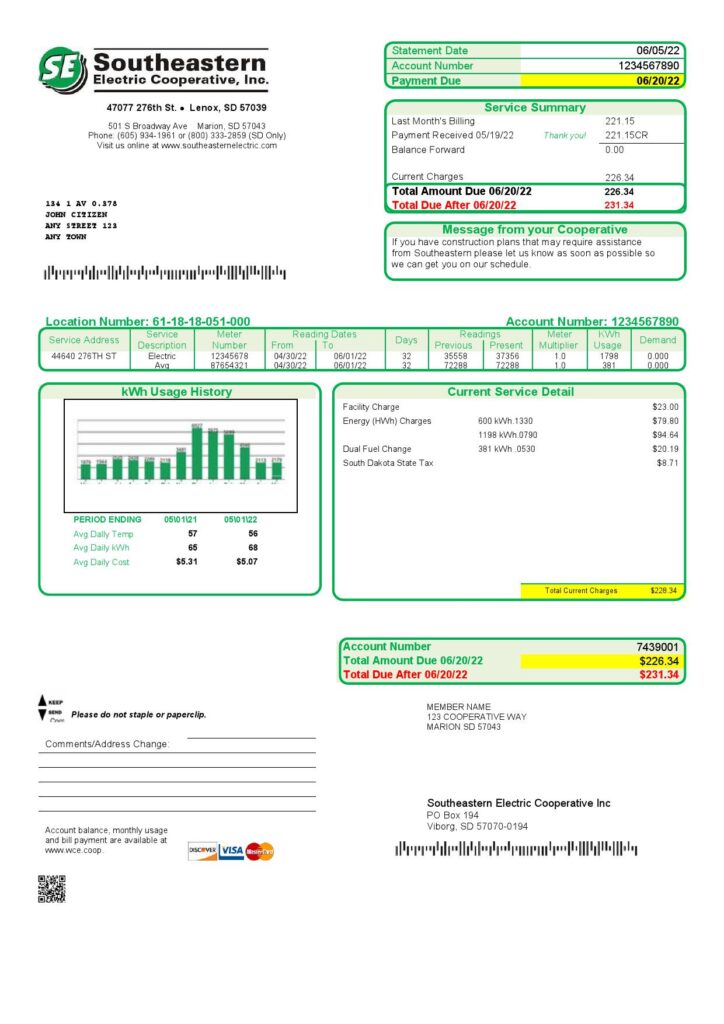 USA South Dakota Southeastern Electric utility bill template in Word and PDF format