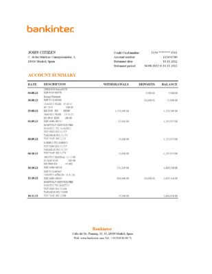 Spain Bankinter bank statement, Excel and PDF template