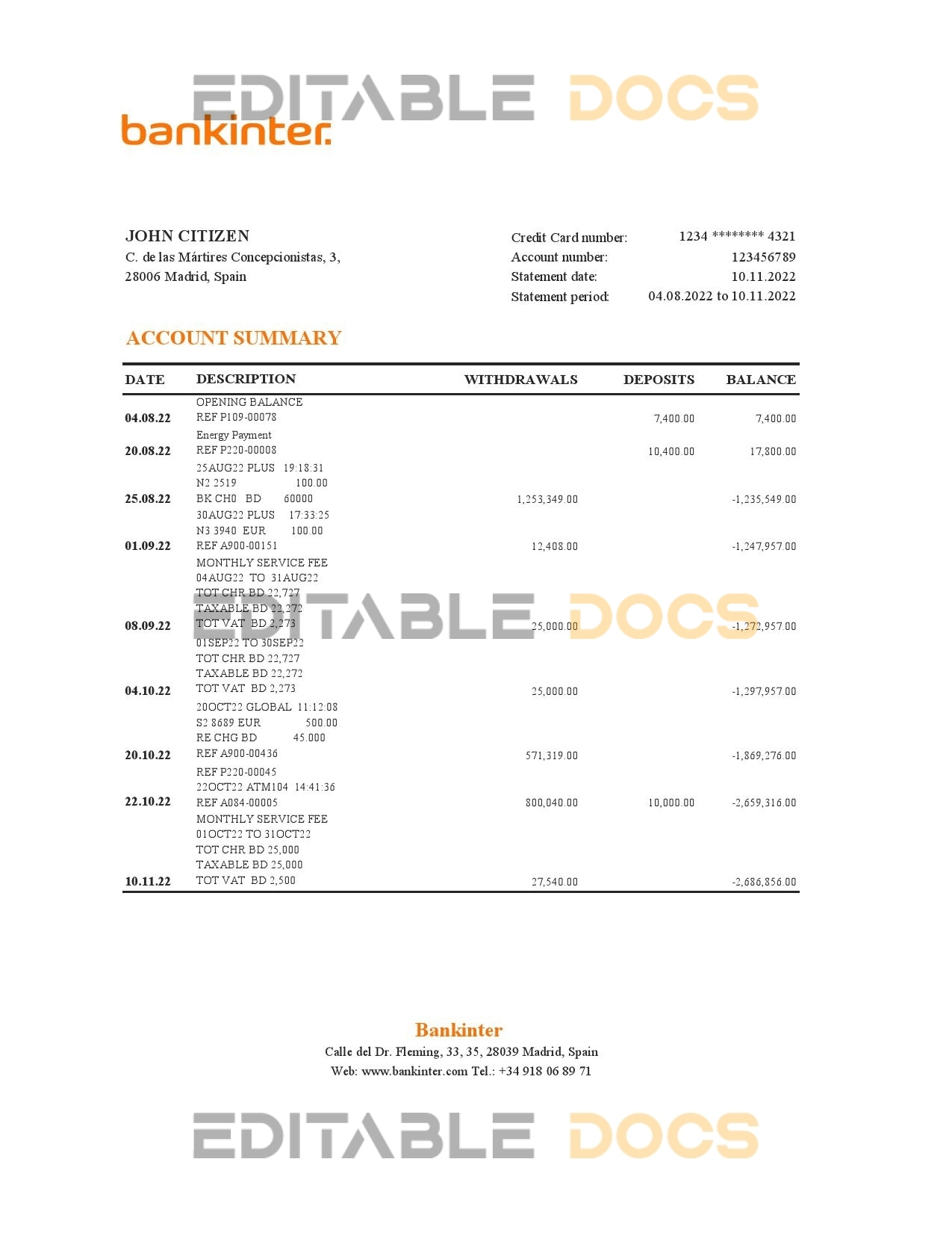 Spain Bankinter bank statement, Excel and PDF template