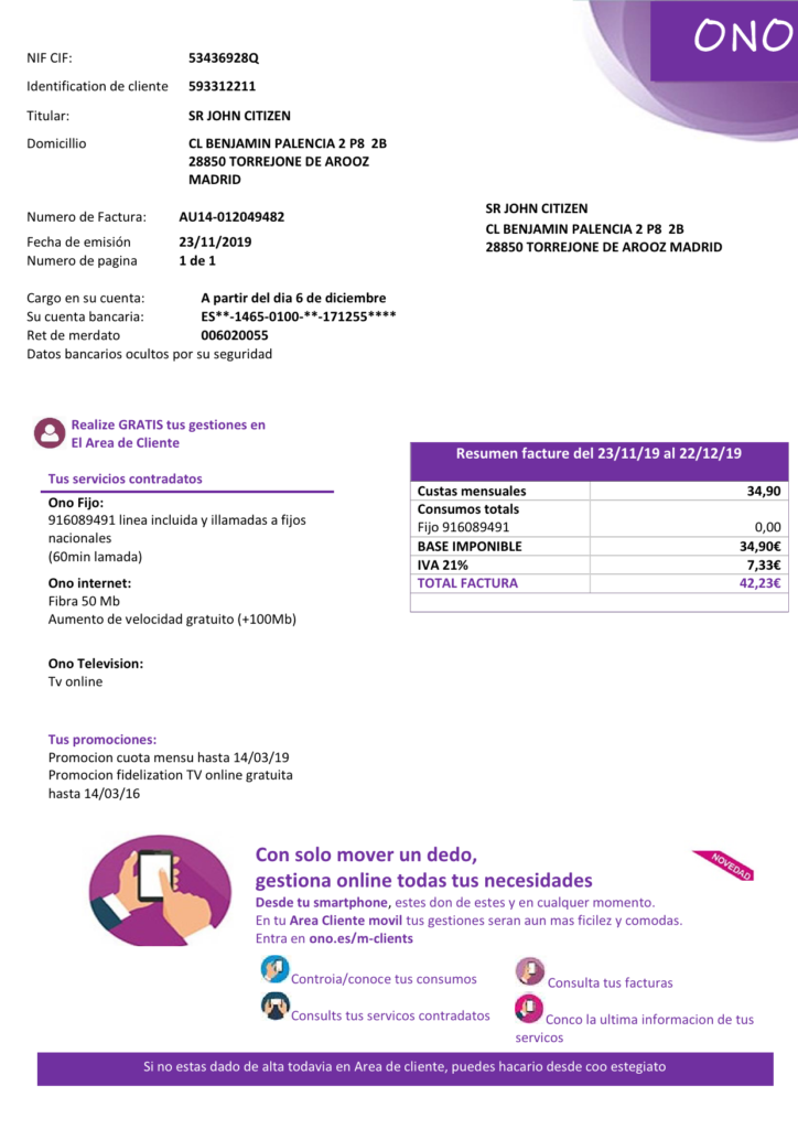 Spain ONO easy fillable utility bill template in Word and PDF format (.doc and .pdf)