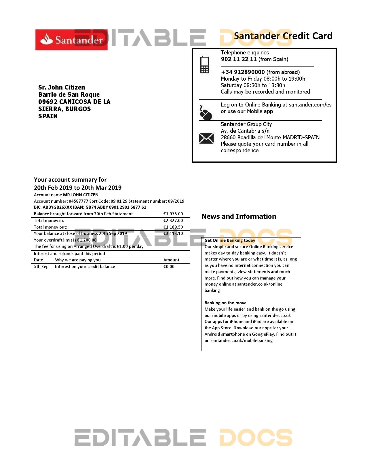 Spain Santander credit card statement template, Word and PDF format (.doc and .pdf), 2 pages