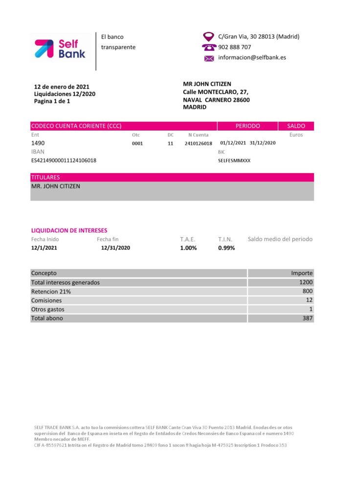 Spain Self Bank proof of address statement template in Excel and PDF format, .xls and .pdf format