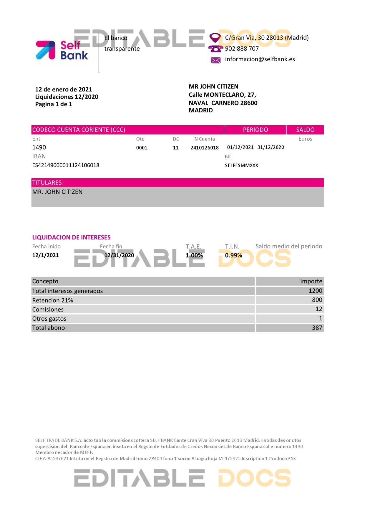 Spain Self Bank proof of address statement template in Excel and PDF format, .xls and .pdf format