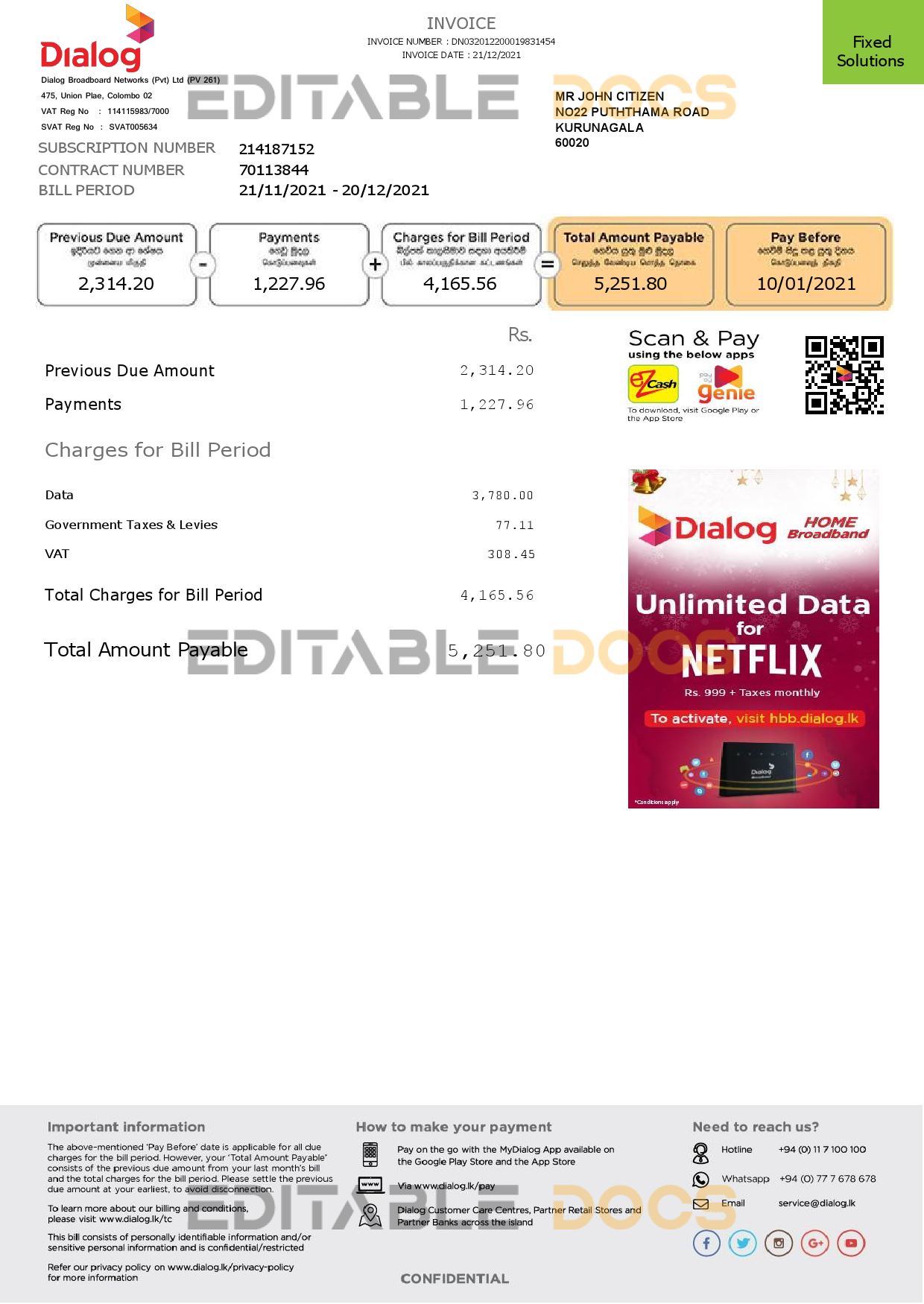 Sri Lanka Dialog utility bill template in Word and PDF format (2 pages)