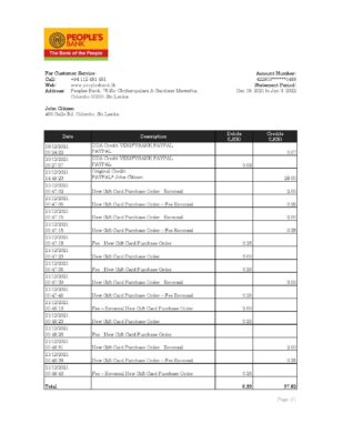 Sri Lanka People’s Bank statement, Excel and PDF template