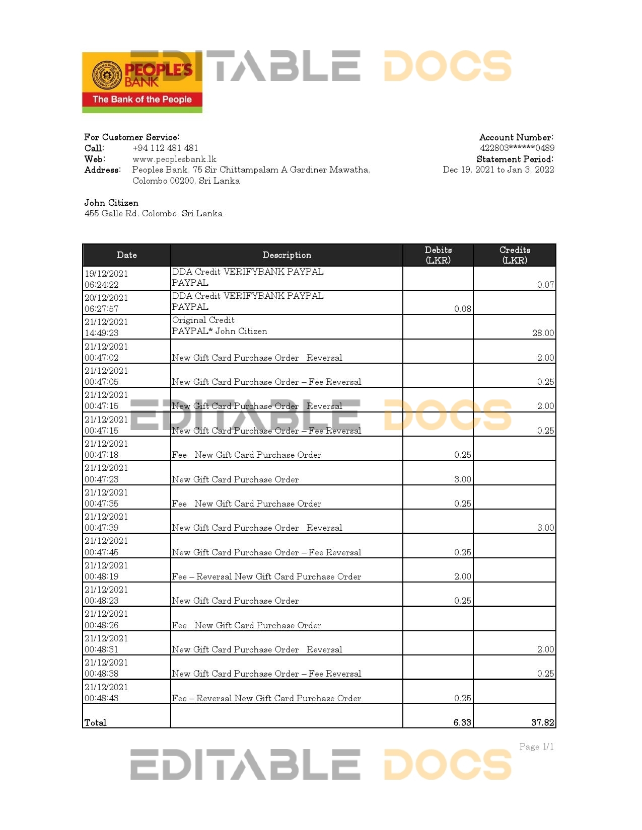 Sri Lanka People’s Bank statement, Excel and PDF template