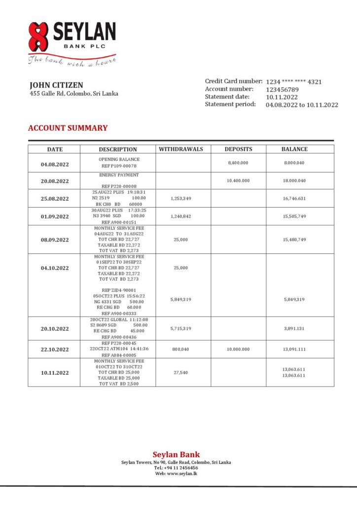 Sri Lanka Seylan bank statement template in Word and PDF format, version 2