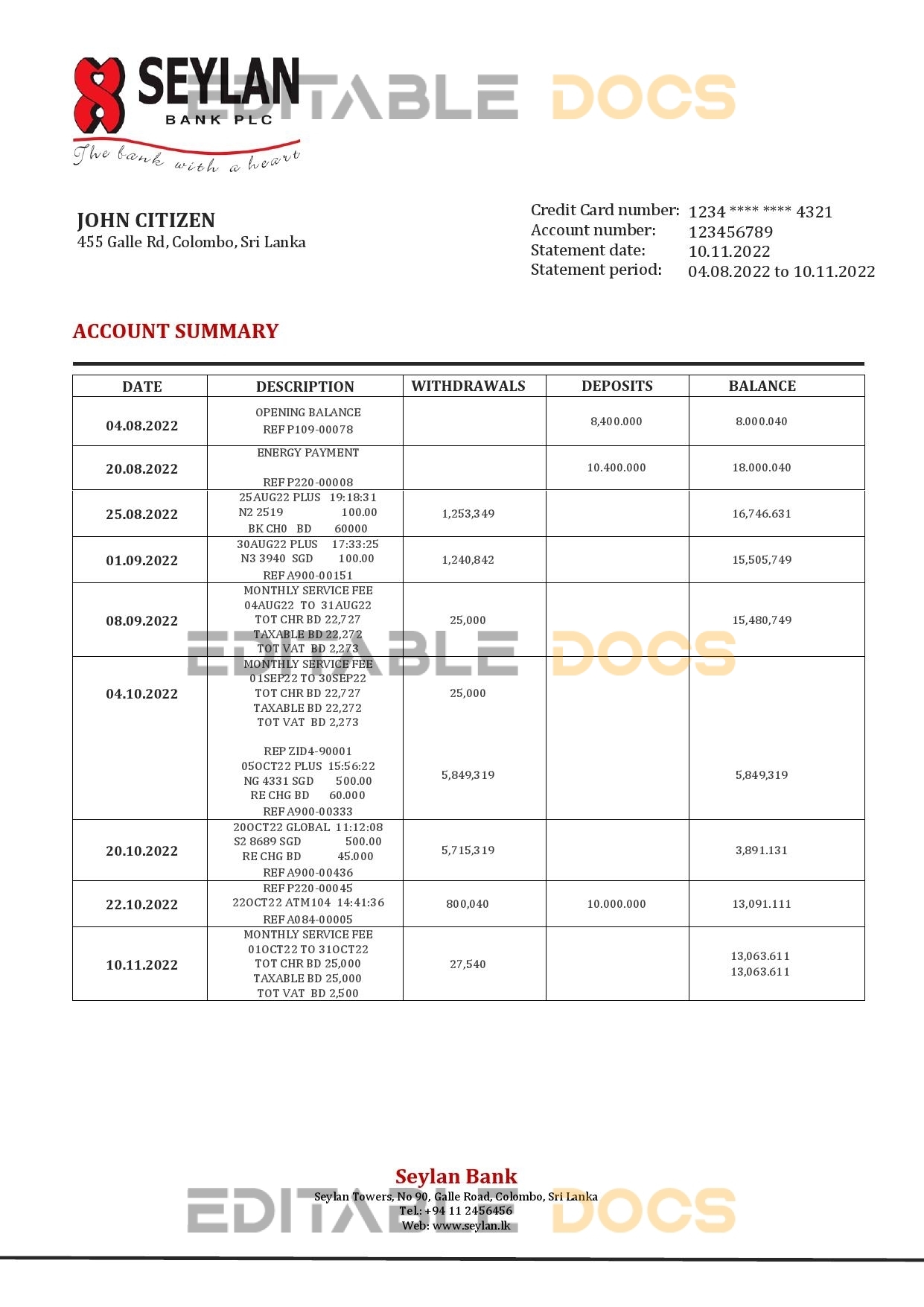 Sri Lanka Seylan bank statement template in Word and PDF format, version 2