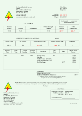 Saint Vincent and the Grenadines St. Vincent Electricity Services Limited utility bill Word and PDF template