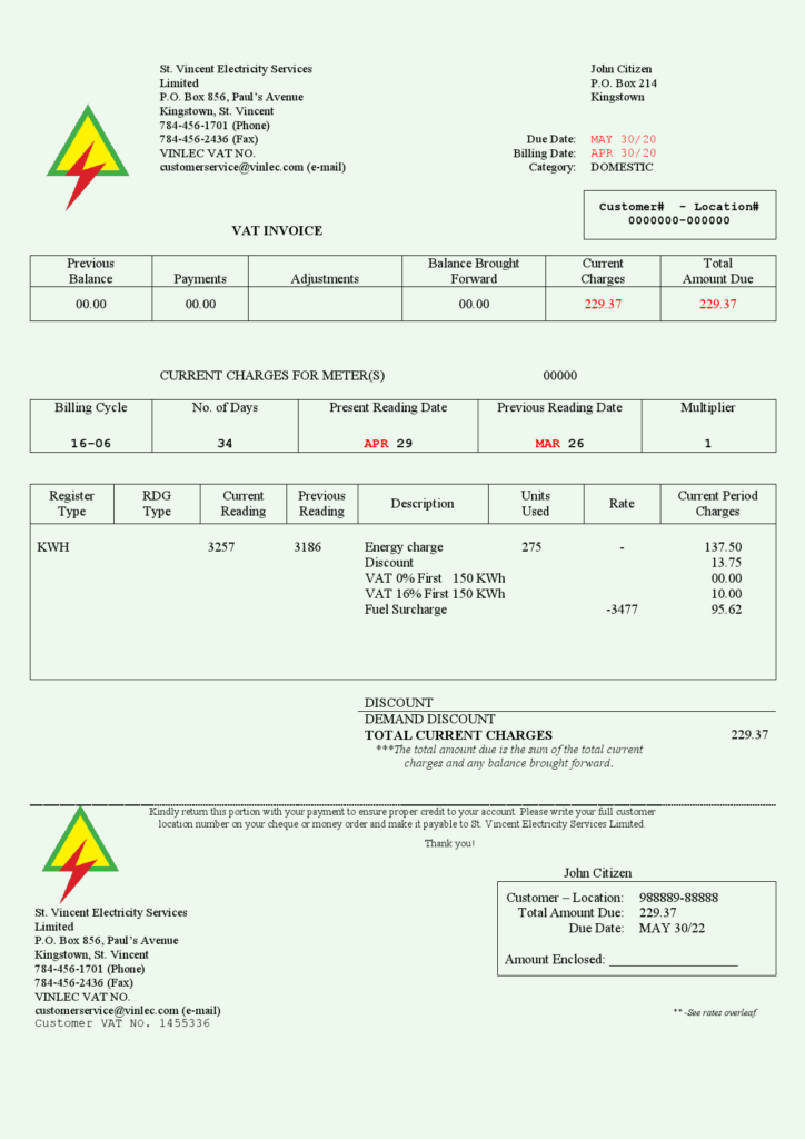Saint Vincent and the Grenadines St. Vincent Electricity Services Limited utility bill Word and PDF template