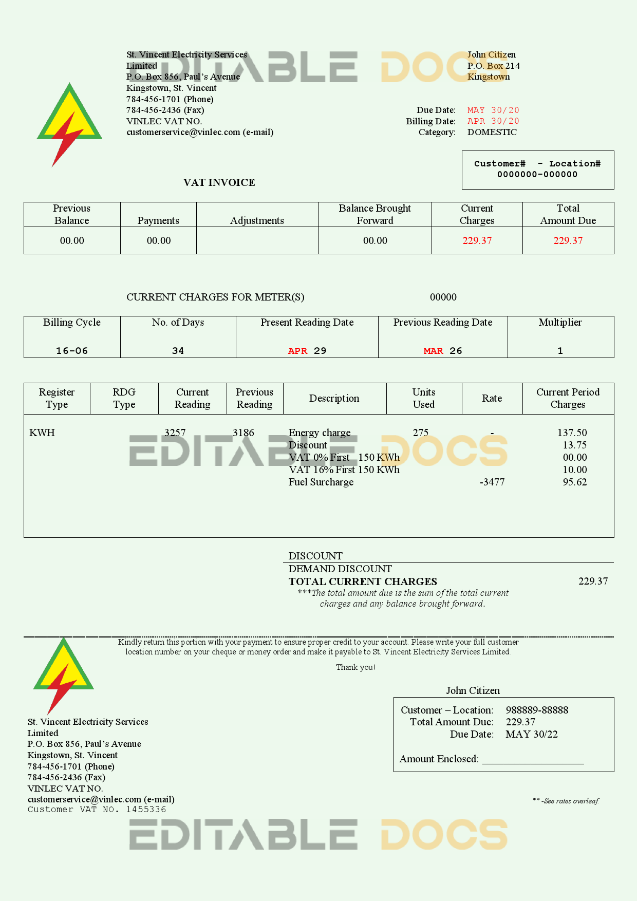 Saint Vincent and the Grenadines St. Vincent Electricity Services Limited utility bill Word and PDF template