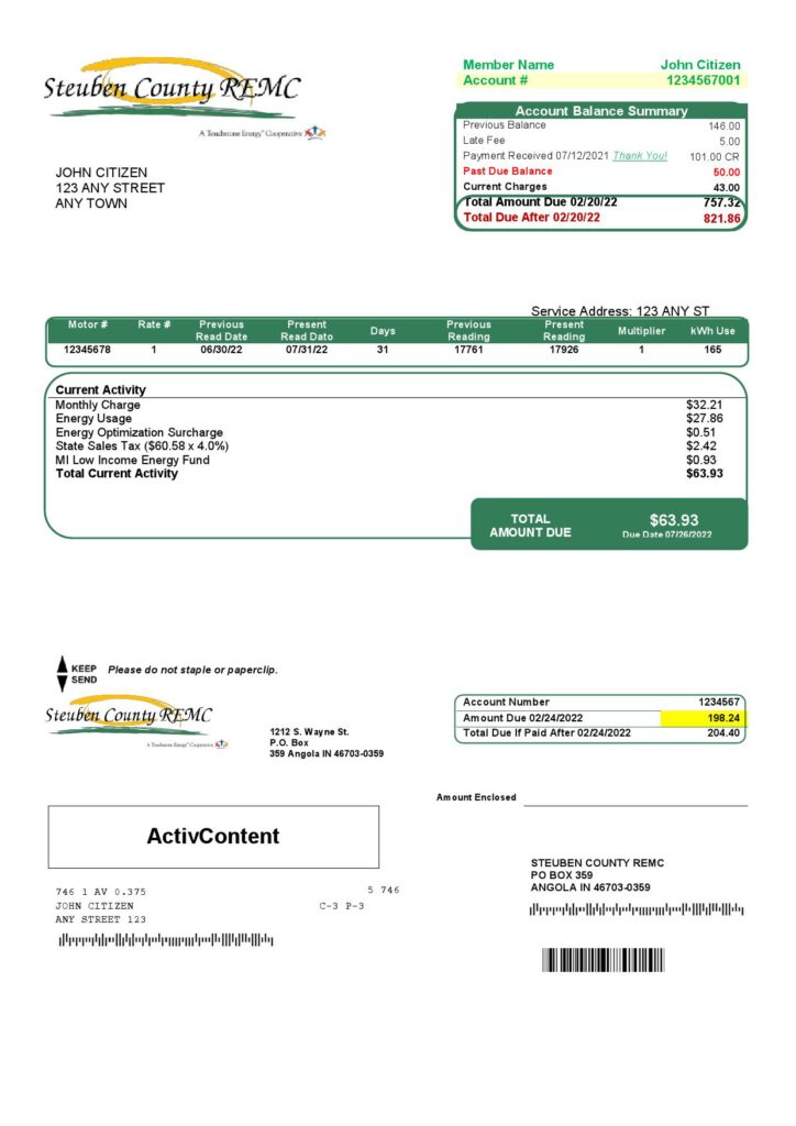 USA Steuben Country REMC utility bill template in Word and PDF format