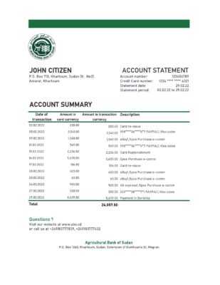 Sudan Agricultural Bank of Sudan bank statement, Excel and PDF template