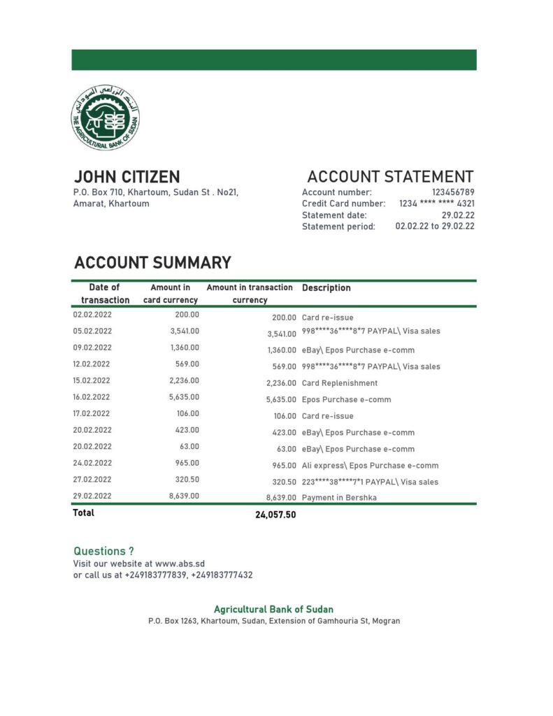 Sudan Agricultural Bank of Sudan bank statement, Excel and PDF template