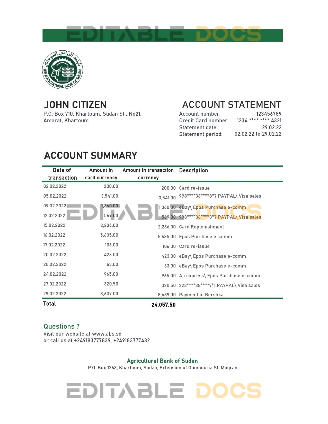 Sudan Agricultural Bank of Sudan bank statement, Excel and PDF template