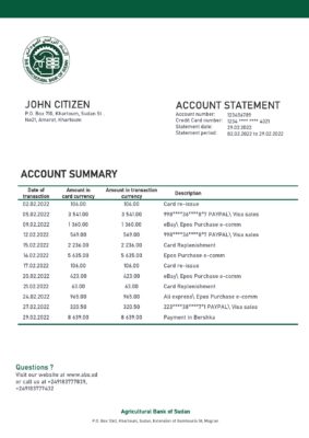 Sudan Agricultural Bank of Sudan bank statement template in Word and PDF format, version 2