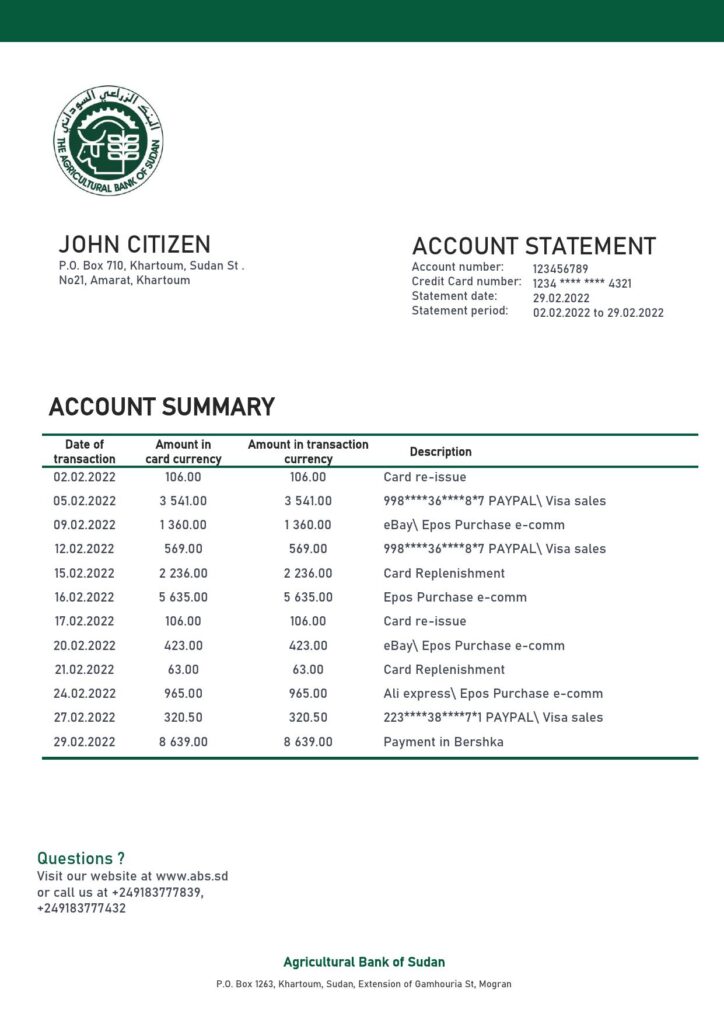 Sudan Agricultural Bank of Sudan bank statement template in Word and PDF format, version 2