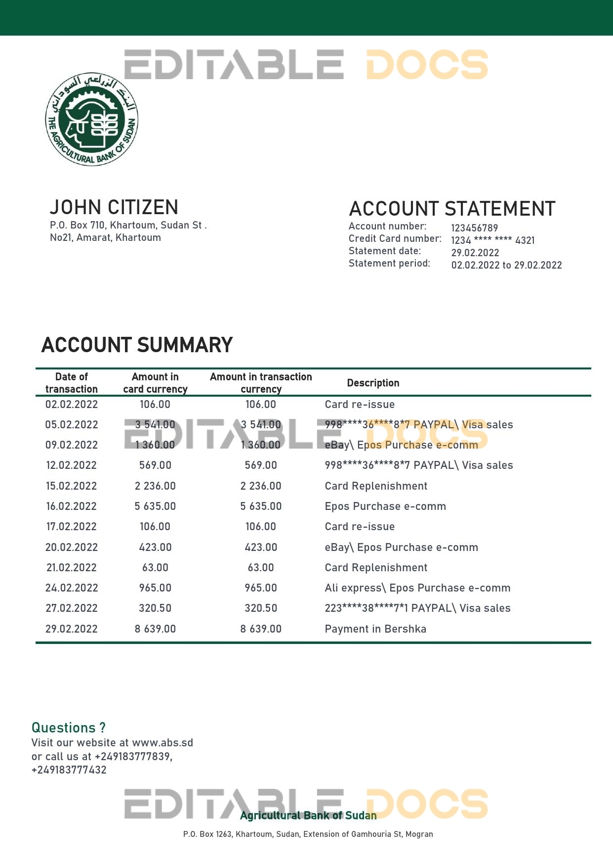Sudan Agricultural Bank of Sudan bank statement template in Word and PDF format, version 2