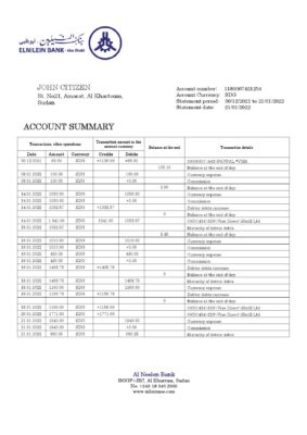 Sudan Al Neelen Bank bank statement template in Word and PDF format, version 2