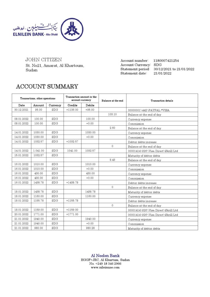 Sudan Al Neelen Bank bank statement template in Word and PDF format, version 2