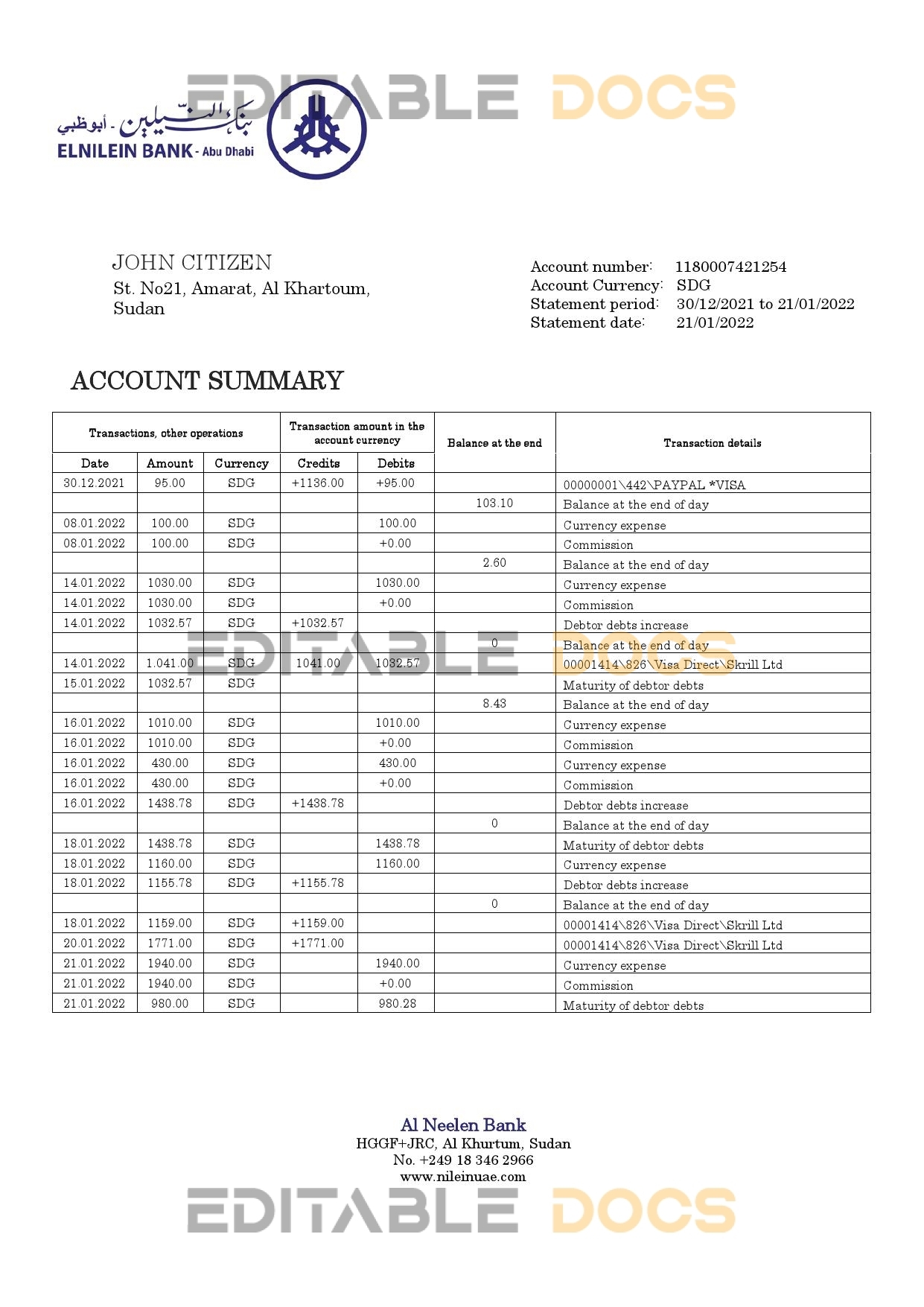 Sudan Al Neelen Bank bank statement template in Word and PDF format, version 2