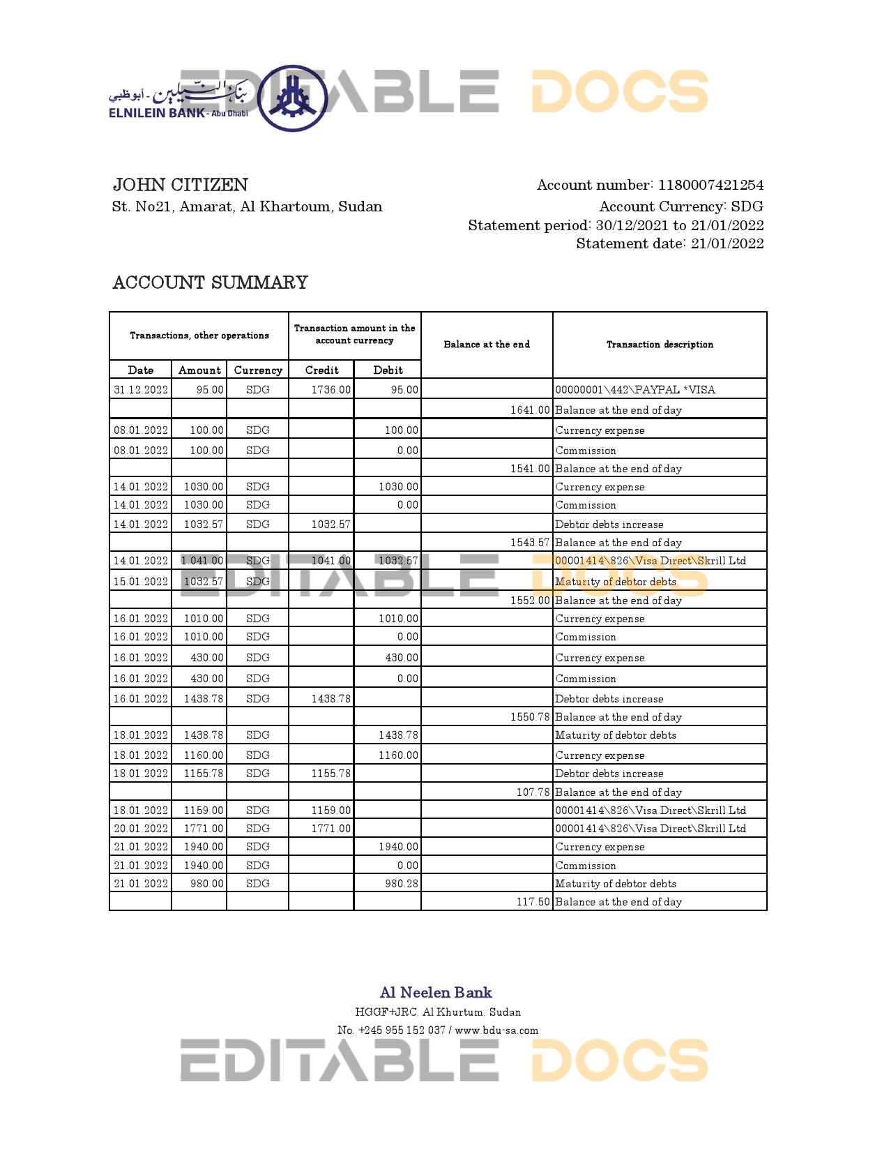 Sudan Al Neelen Bank statement, Excel and PDF template