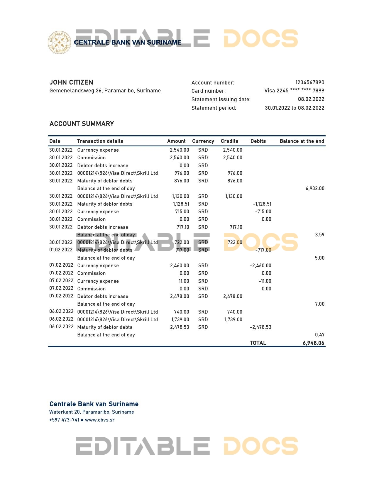 Suriname Centrale Bank Van Suriname bank statement, Excel and PDF template