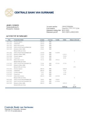 Suriname Centrale Bank Van Suriname bank statement template in Word and PDF format
