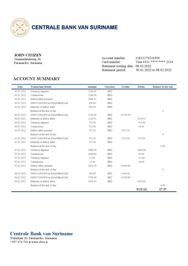 Suriname Centrale Bank Van Suriname bank statement template in Word and PDF format