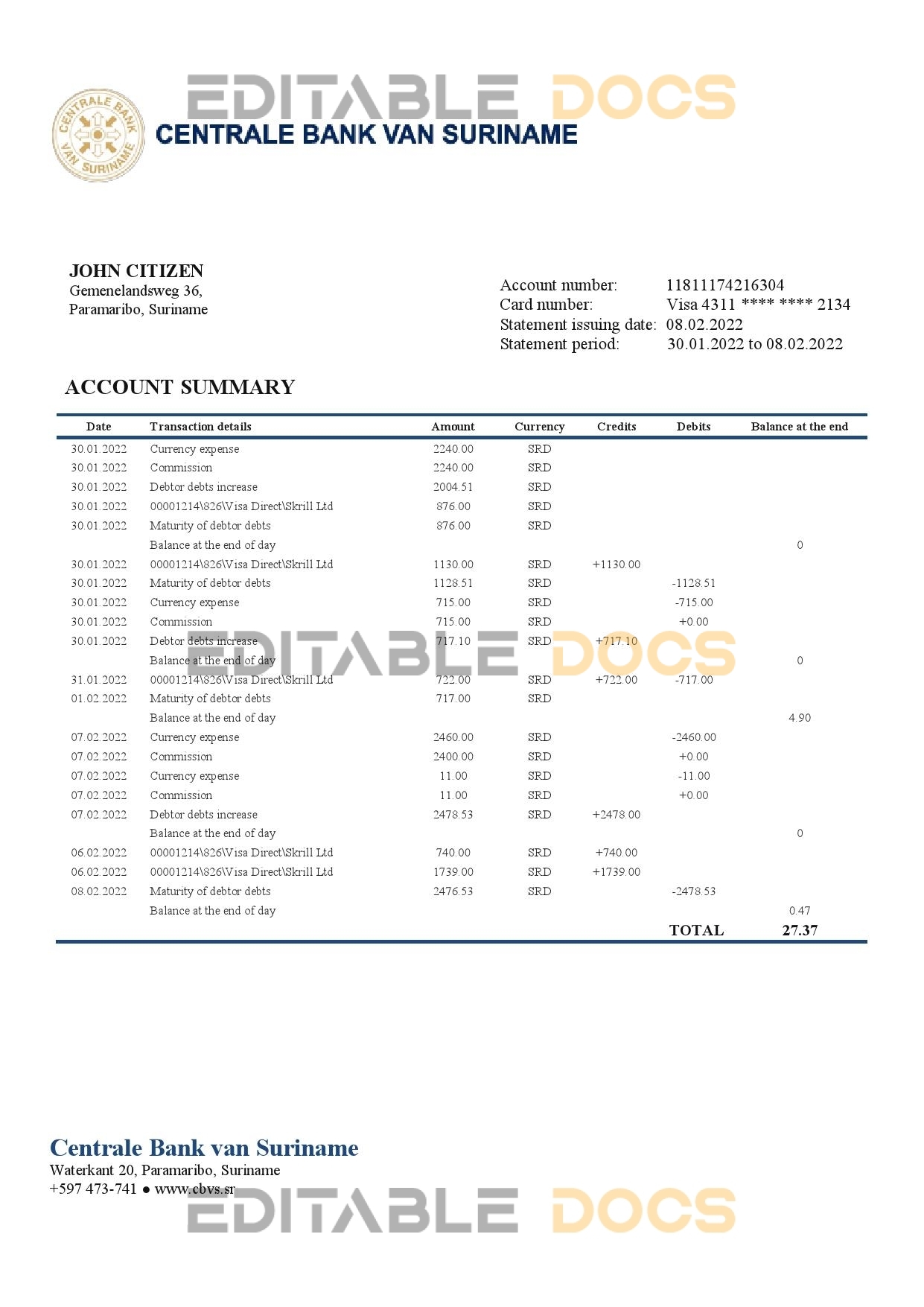 Suriname Centrale Bank Van Suriname bank statement template in Word and PDF format