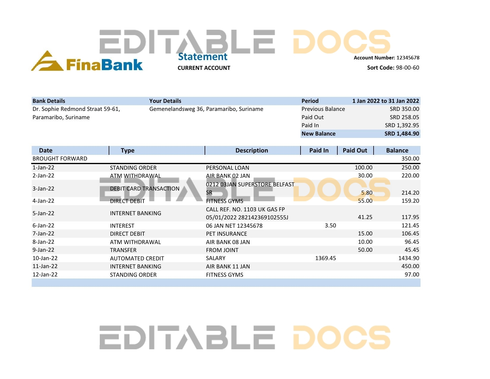 Suriname Finabank bank statement, Excel and PDF template