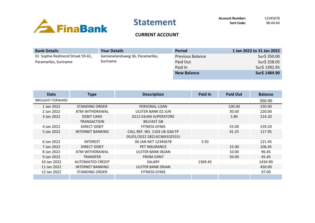 Suriname Finabank bank statement template in Word and PDF format