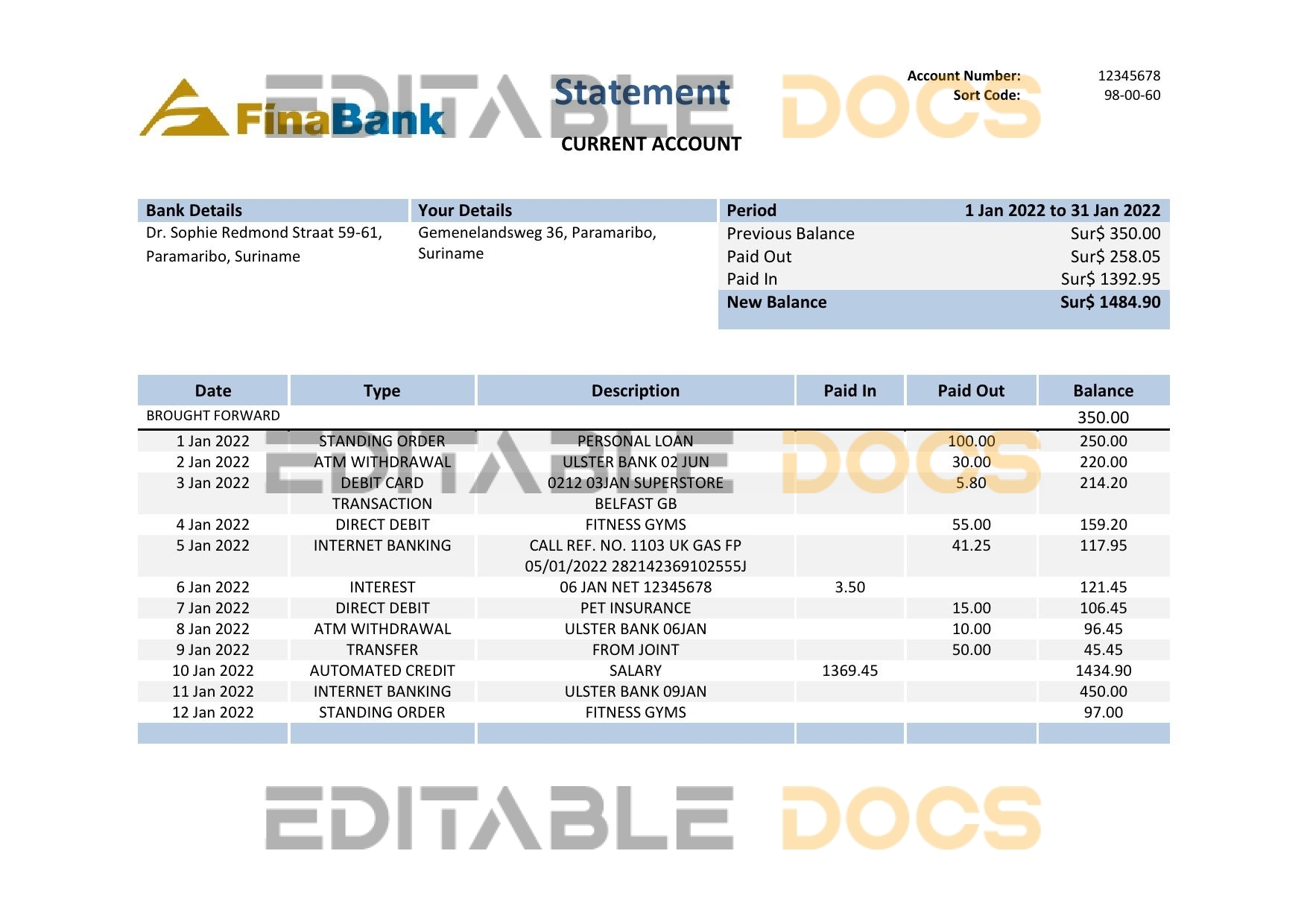 Suriname Finabank bank statement template in Word and PDF format