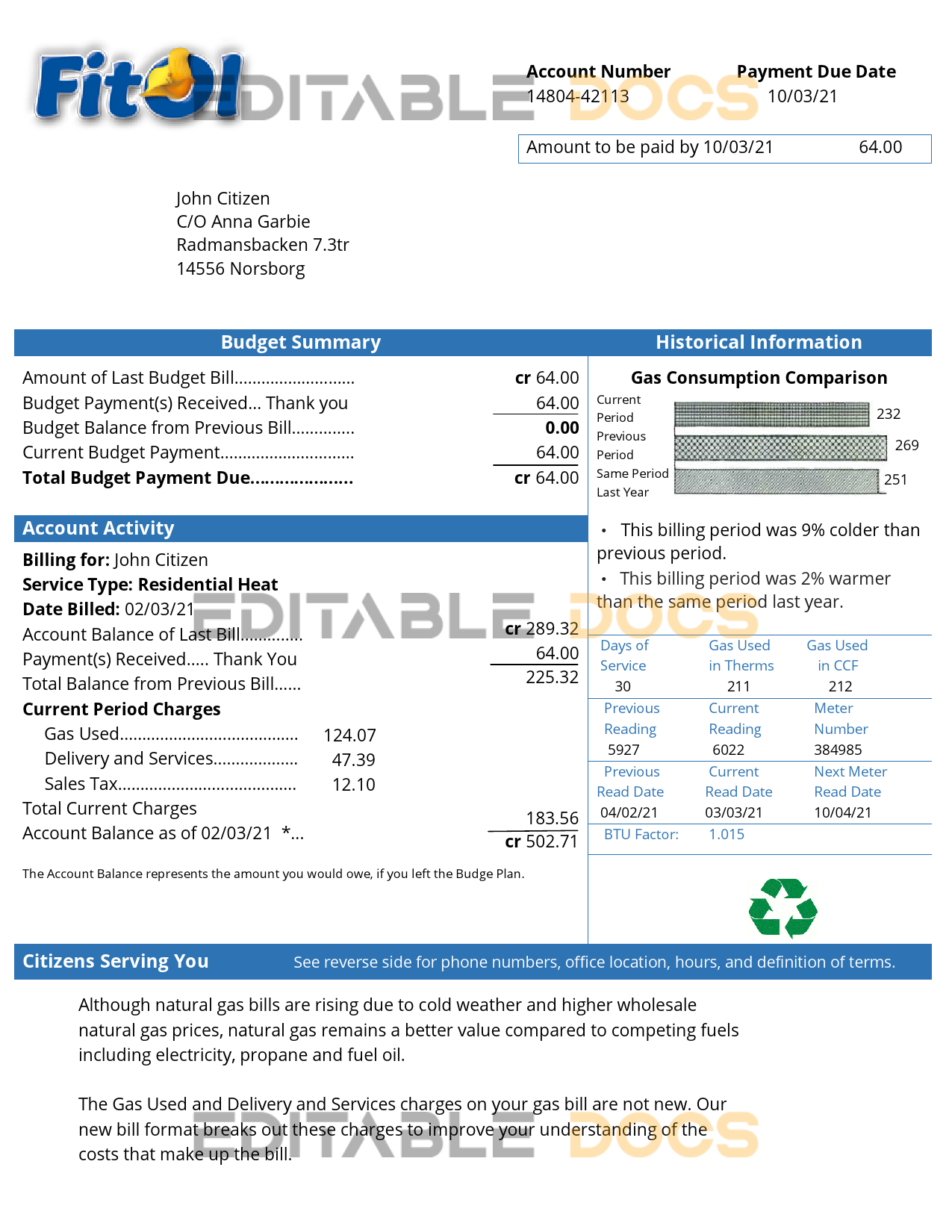 Sweden Fitol gas utility bill template in Word and PDF format