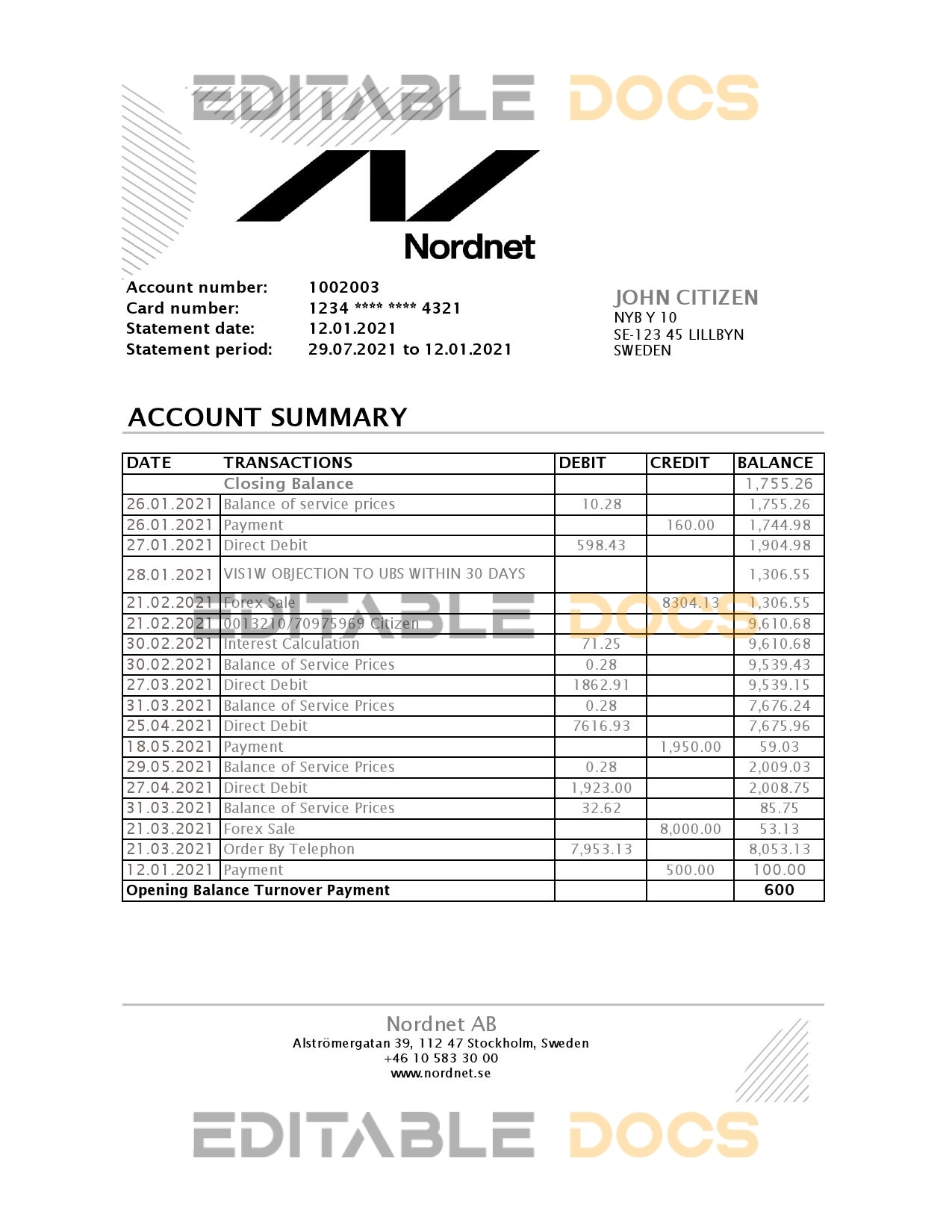 Sweden Nordnet AB bank statement easy to fill template in .xls and .pdf file format